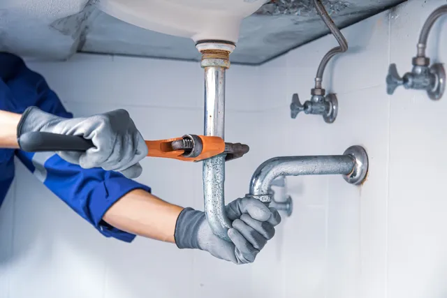 Plumber inspecting pipes under a kitchen sink