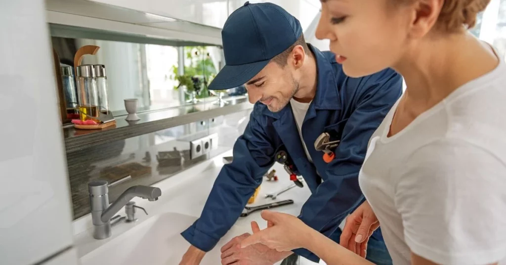 Smiling homeowner shaking hands with a friendly plumber