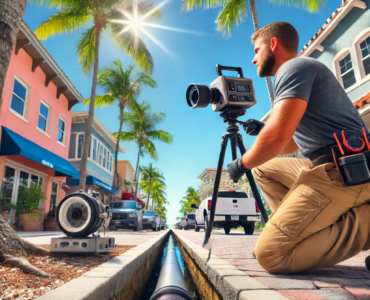 Technician Performing a No Dig Video Pipe Inspection in Miramar Beach Commercial District