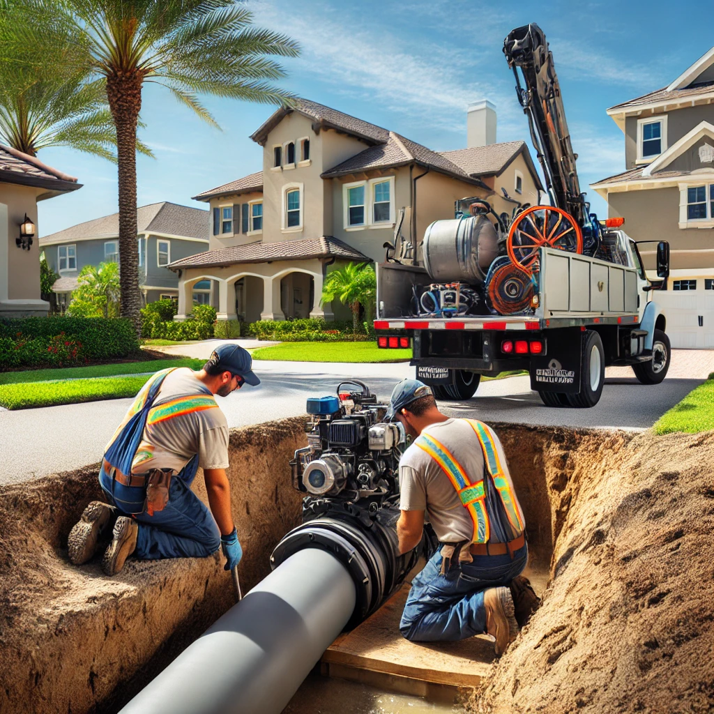 Technicians Performing Trenchless Pipe Relining in Navarre Residential Area