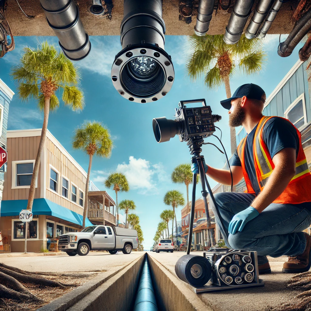 Technician Performing a Video Pipe Inspection in Navarre Commercial District