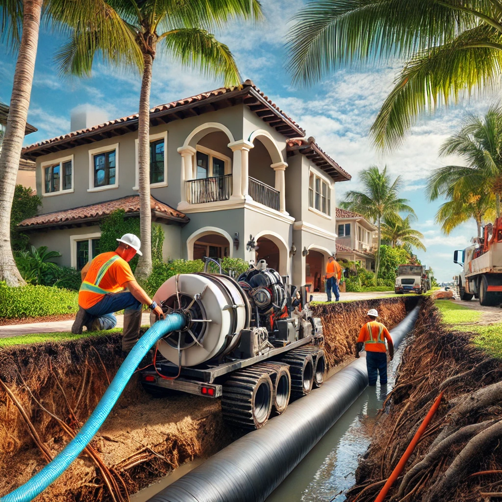 Technicians Performing Trenchless Pipe Relining in a Coastal Residential Setting