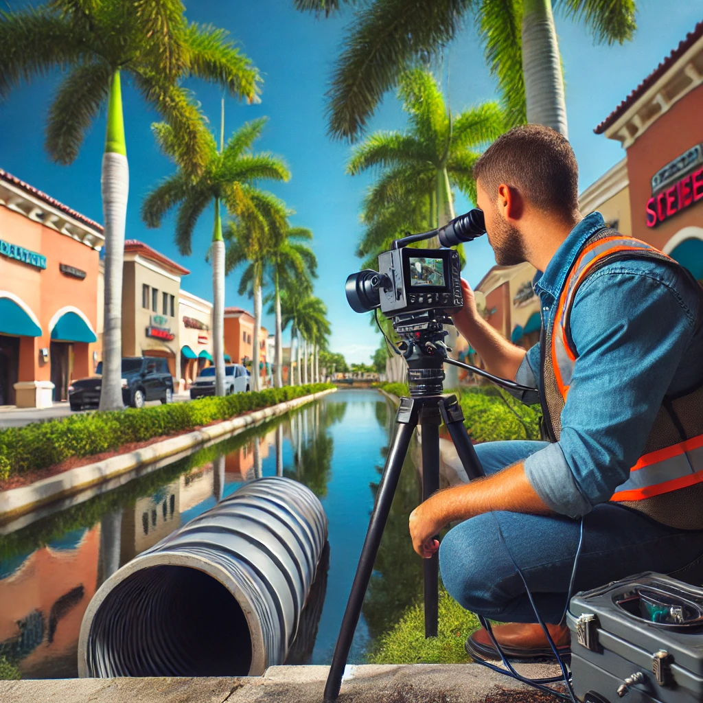 Technician Conducting a Video Pipe Inspection in a Commercial Area