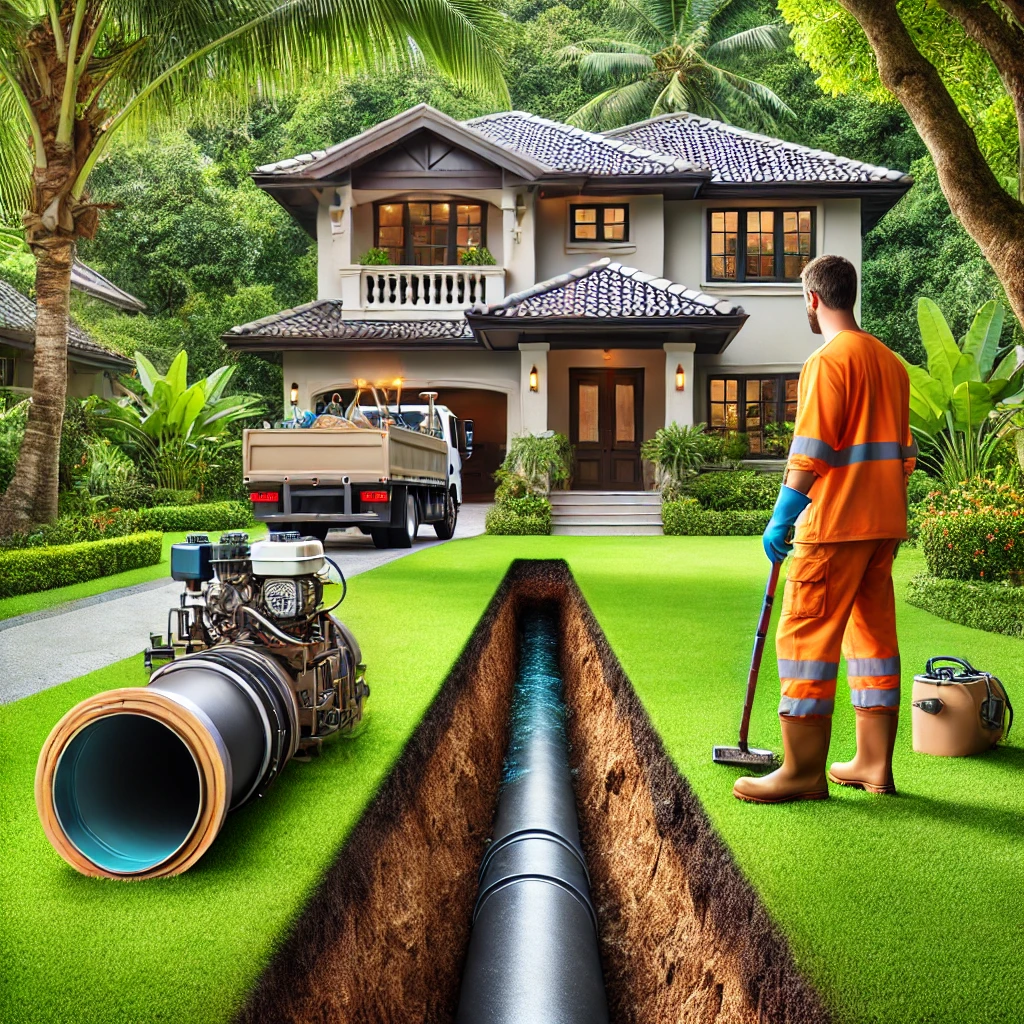 Professional using equipment for trenchless sewer repair in a residential yard