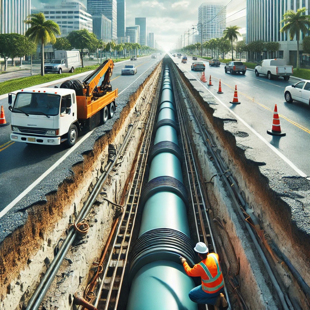 Technician performing trenchless sewer repair in a commercial area