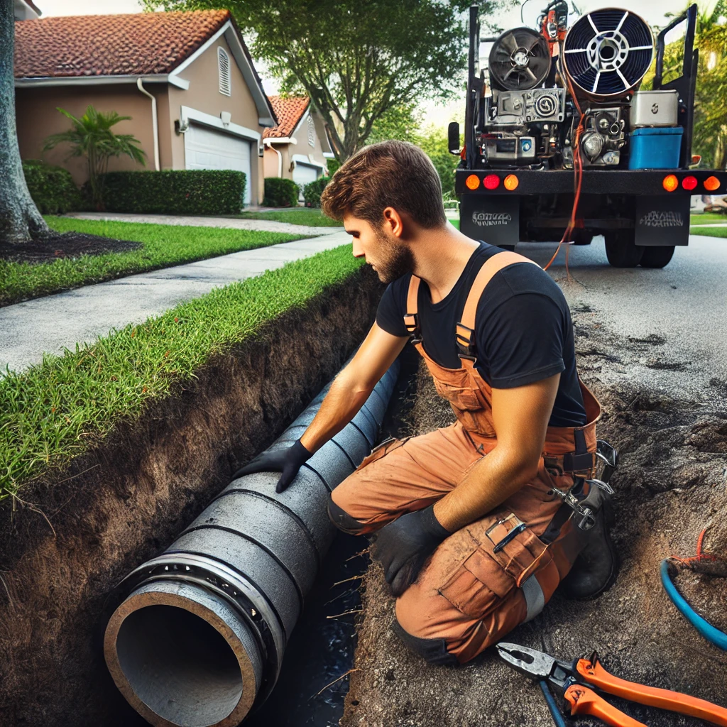 Technician performing sewer pipe relining using trenchless technology in Cedar Grove, FL