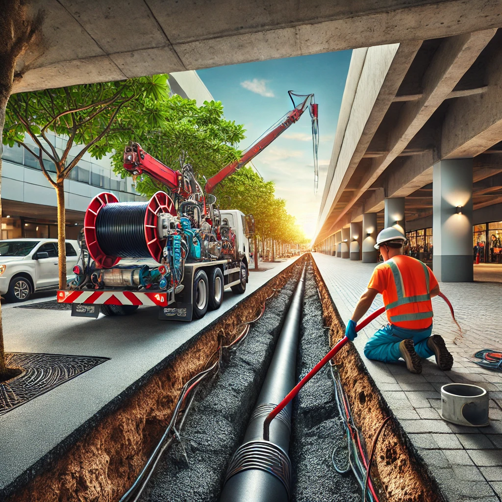 Technician performing trenchless sewer relining in a commercial setting in Cedar Grove, FL