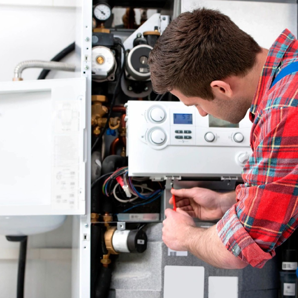 A technician inspecting a tankless water heater, diagnosing common issues and performing maintenance.