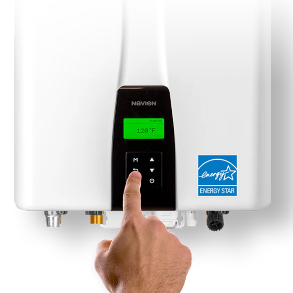 A modern tankless water heater with energy efficiency indicators, showcasing its eco-friendly and cost-saving benefits.